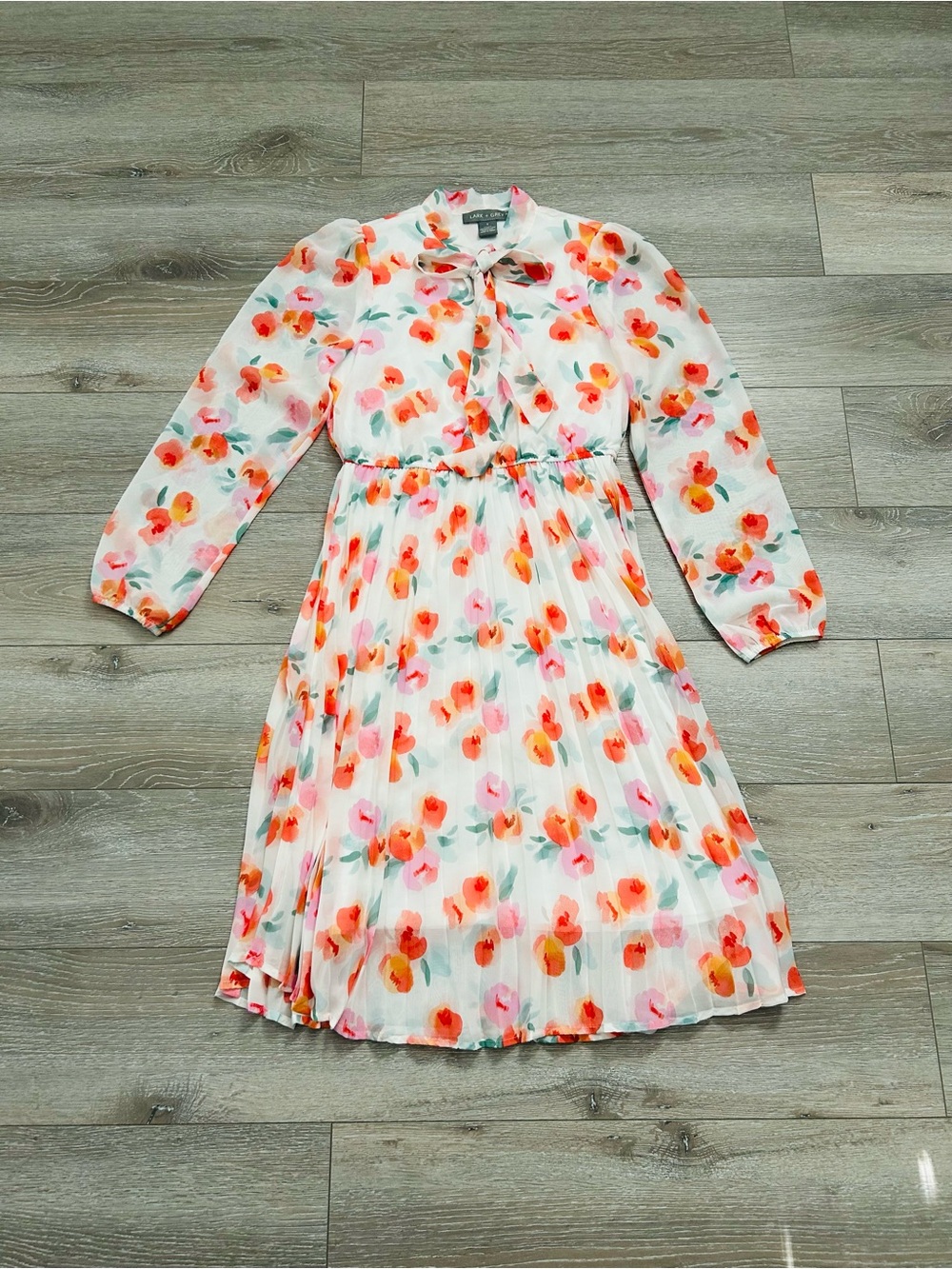 Lark + Grey Tie-Neck Floral Midi Dress in White with Pink & Orange Print - Picture 2 of 9